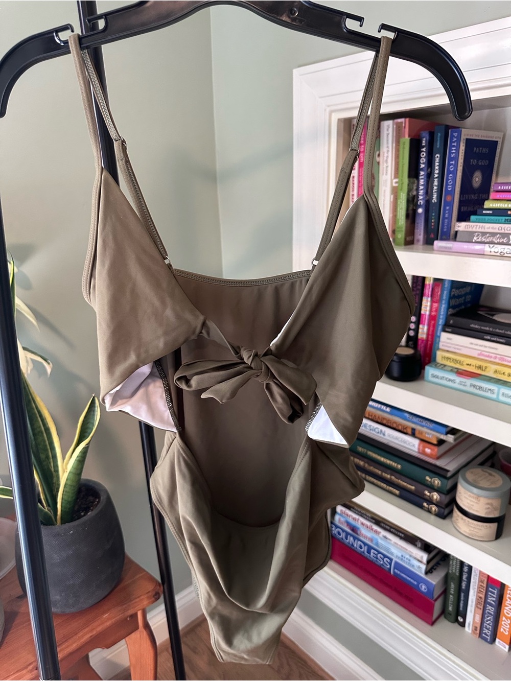 Olive Green One-Piece Swimsuit with Front Tie